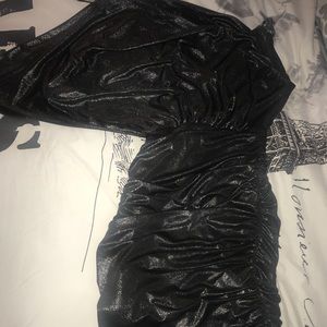 Cache Shimmering Silver & Black One Shoulder dress